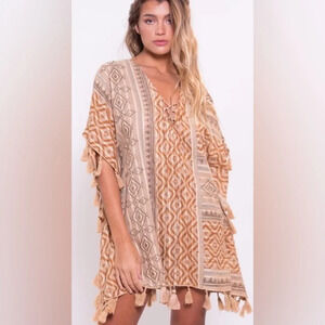 Z&L Europe Coverup Boho tassel trim neck tie 100% cotton beige size M